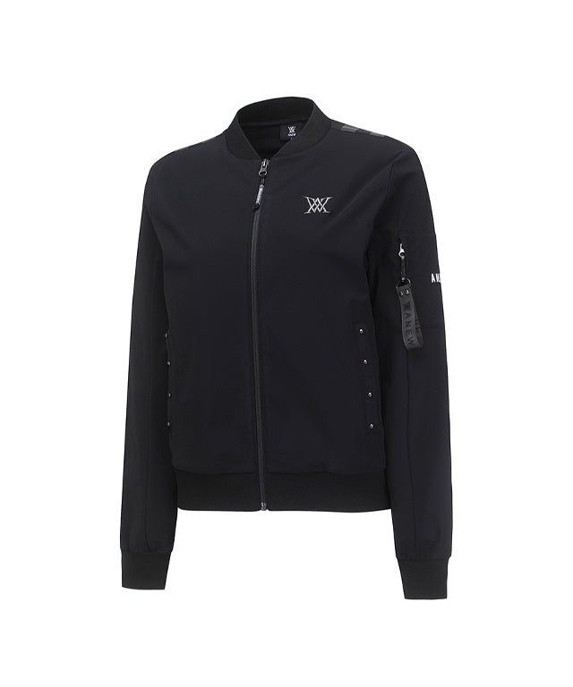 ANEW Golf Women's Signature Tricot Set Up Jacket in Black, featuring a glossy finish and stylish overfit design.